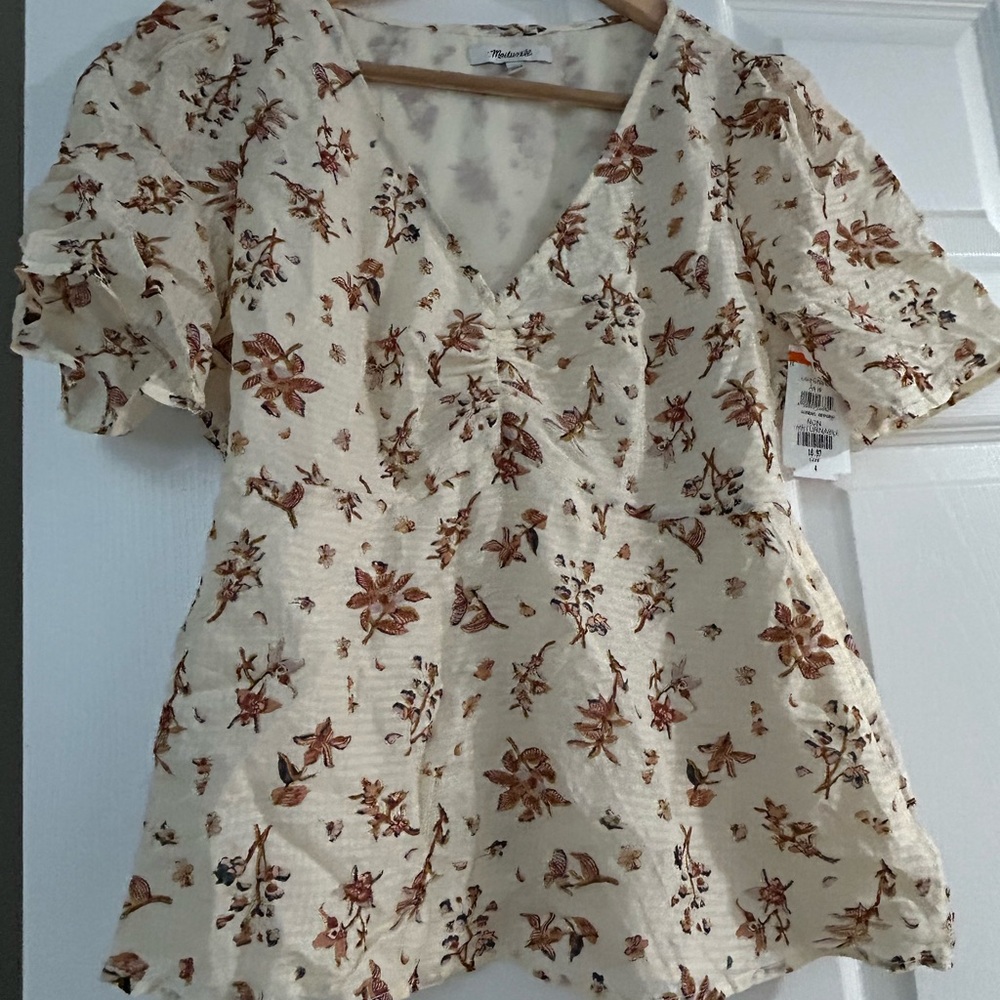New Madewell Silk Floral Print V-Neck Top